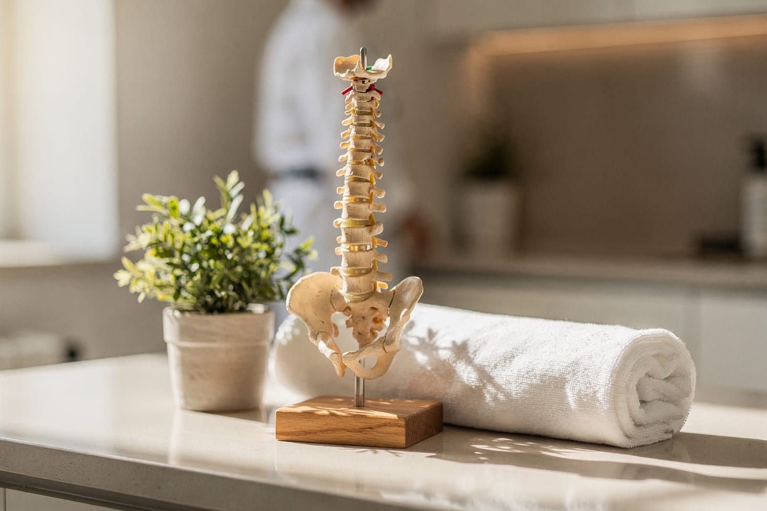 A wooden model of the spine on a clean, sunlit countertop