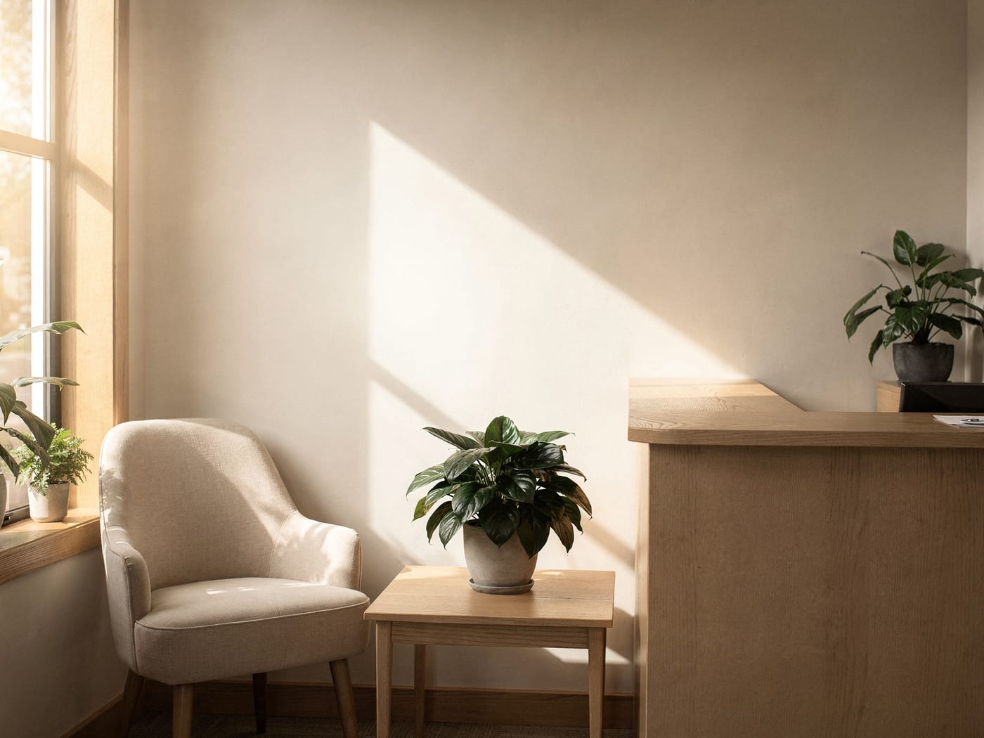 A warm, welcoming chiropractic reception with sunlight and plants